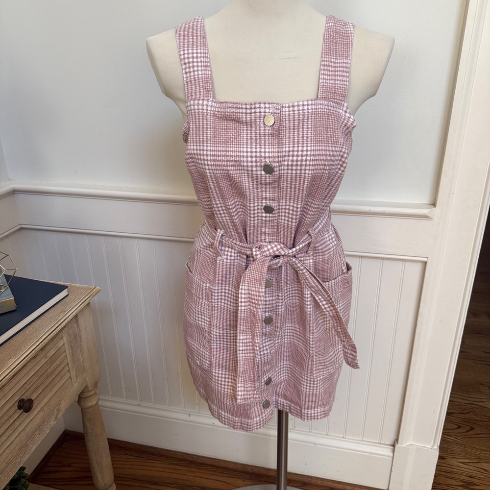 Tinsel‎ Town Pink Houndstooth Plaid Button Front Jumper Dress Belted Size M Y2K